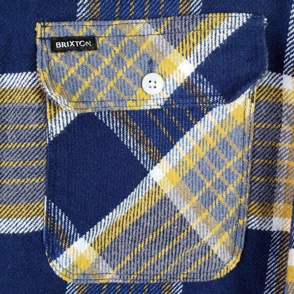Brixton Shirt Men Medium Yellow Blue Plaid Long Sleeve Button Down - Picture 5 of 11